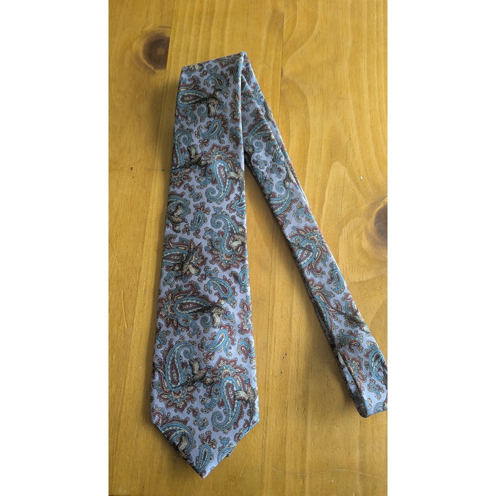 Hathaway Mens‎ Silk Tie Blue Paisley Pheasant Bird Print Made in USA 3.75 Wide
